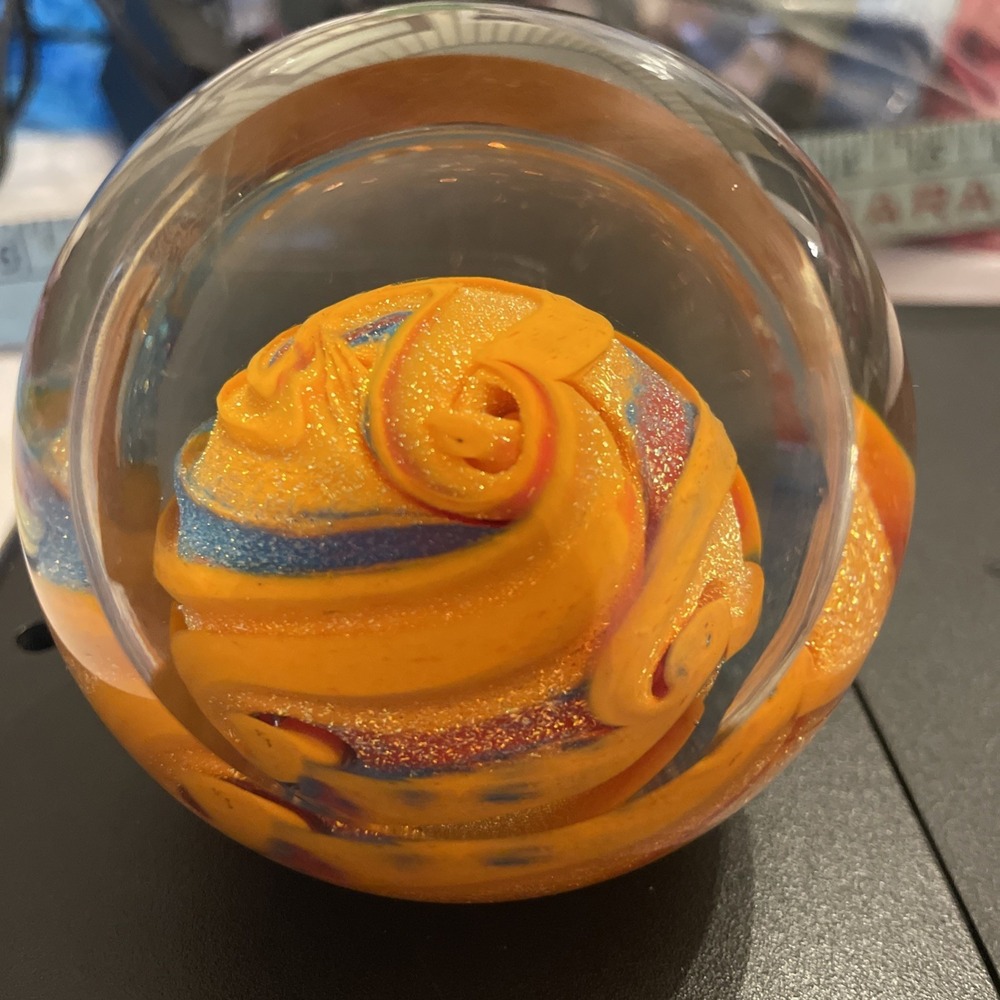 Glass‎ Eye Studio Jupiter Celestia Paper Weight Orange Swirl Glimmer Sparkle